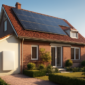 Woonhuis met zonnepanelen op het dak en een thuisbatterij aan de gevel