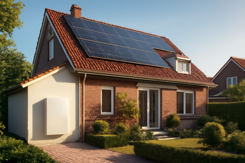 Woonhuis met zonnepanelen op het dak en een thuisbatterij aan de gevel