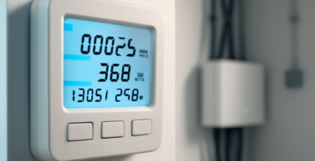 Slimme energiemeter met digitaal display gemonteerd op een witte muur in een meterkast