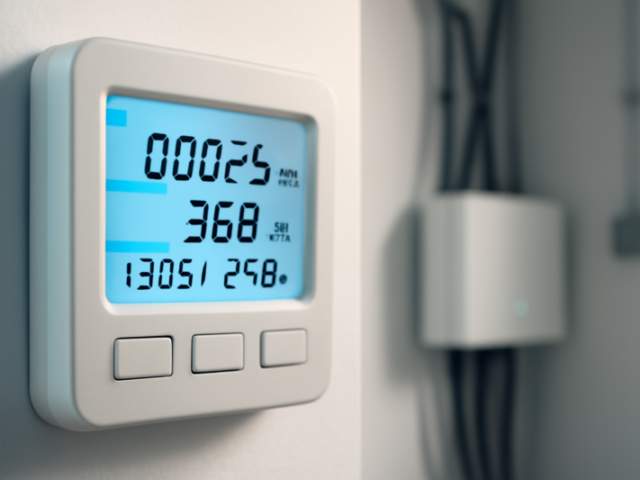 Slimme energiemeter met digitaal display gemonteerd op een witte muur in een meterkast
