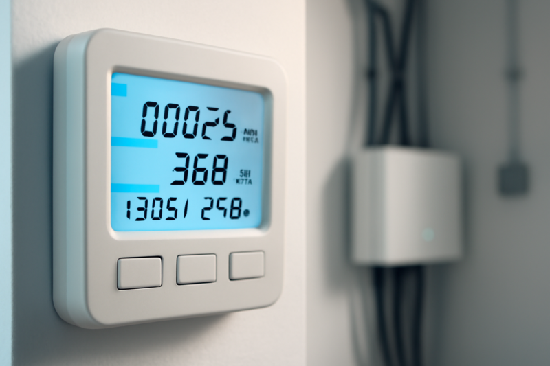 Slimme energiemeter met digitaal display gemonteerd op een witte muur in een meterkast