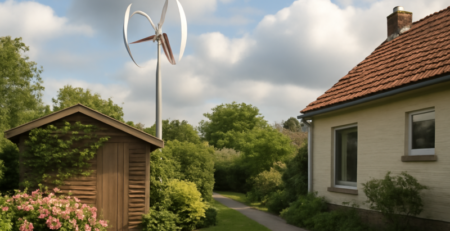 Kleine windturbine in een Nederlandse achtertuin naast een woonhuis op een bewolkte dag