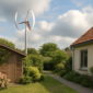 Kleine windturbine in een Nederlandse achtertuin naast een woonhuis op een bewolkte dag