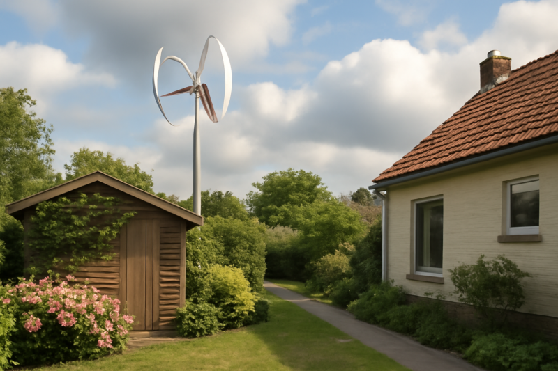 Kleine windturbine in een Nederlandse achtertuin naast een woonhuis op een bewolkte dag