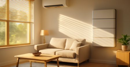 Thuisaccu en airco in een woonkamer tijdens een zonnige hittegolf