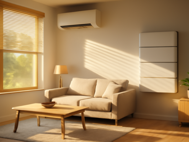 Thuisaccu en airco in een woonkamer tijdens een zonnige hittegolf