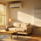 Thuisaccu en airco in een woonkamer tijdens een zonnige hittegolf