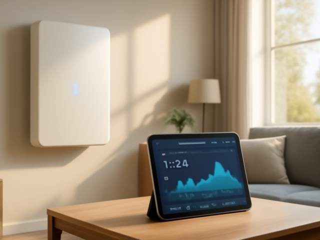 Thuisaccu aan de muur naast een tablet met dynamische energieprijzen op het scherm