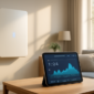 Thuisaccu aan de muur naast een tablet met dynamische energieprijzen op het scherm
