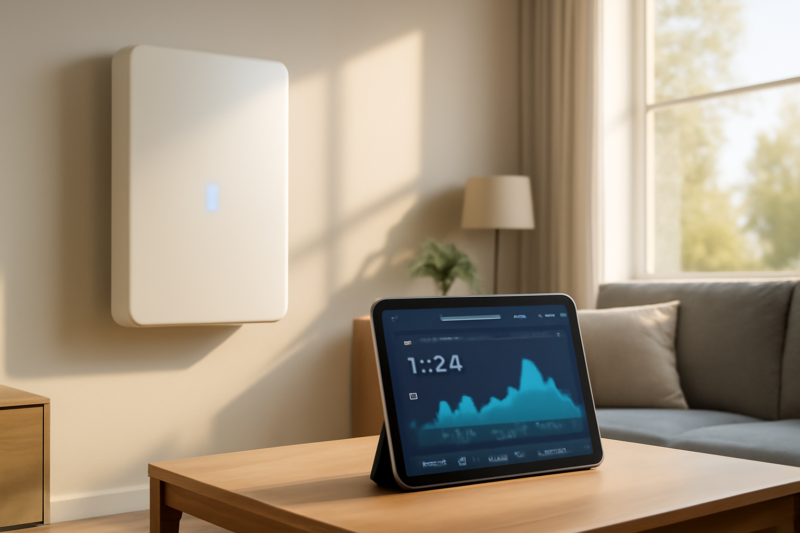 Thuisaccu aan de muur naast een tablet met dynamische energieprijzen op het scherm