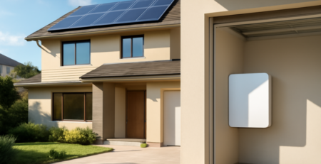Thuisbatterij gemonteerd aan de muur naast zonnepanelen op een woning in 2026