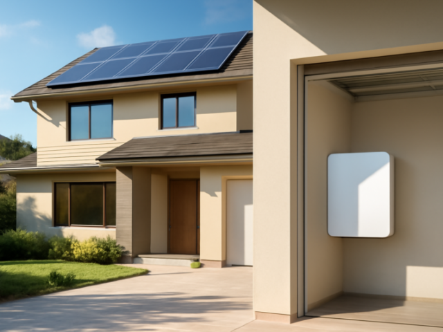 Thuisbatterij gemonteerd aan de muur naast zonnepanelen op een woning in 2026