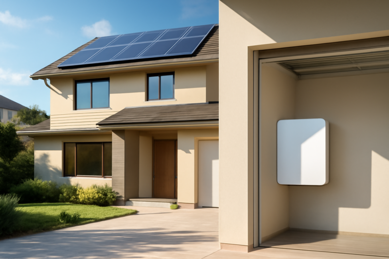 Thuisbatterij gemonteerd aan de muur naast zonnepanelen op een woning in 2026