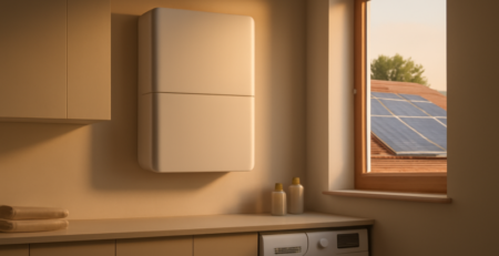 Moderne thuisaccu gemonteerd aan de muur in een nette bijkeuken naast zonnepanelen op dak