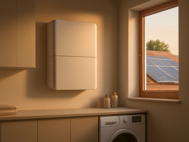 Moderne thuisaccu gemonteerd aan de muur in een nette bijkeuken naast zonnepanelen op dak