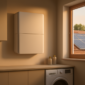 Moderne thuisaccu gemonteerd aan de muur in een nette bijkeuken naast zonnepanelen op dak
