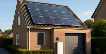 Woning met zonnepanelen op het dak en een thuisbatterij aan de garagemuur