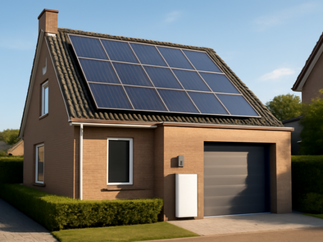 Woning met zonnepanelen op het dak en een thuisbatterij aan de garagemuur