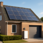 Woning met zonnepanelen op het dak en een thuisbatterij aan de garagemuur