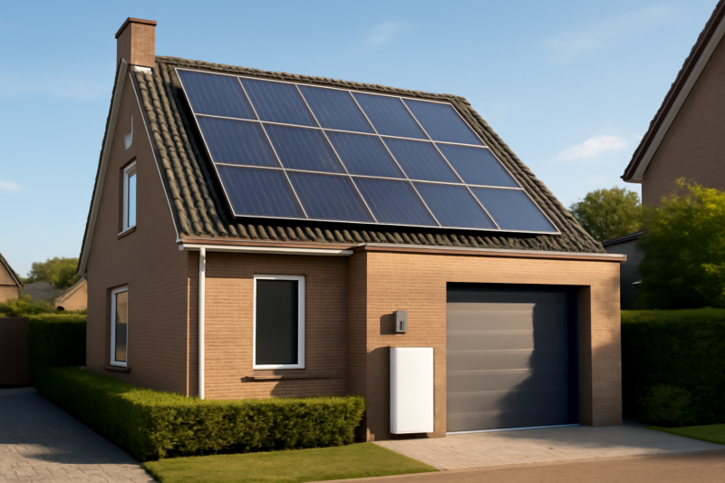 Woning met zonnepanelen op het dak en een thuisbatterij aan de garagemuur