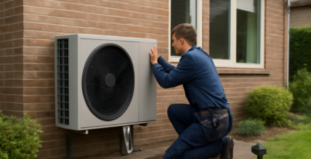 Installateur plaatst een lucht-water warmtepomp aan de buitenmuur van een woning