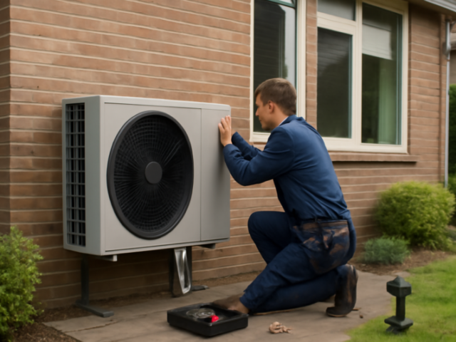 Installateur plaatst een lucht-water warmtepomp aan de buitenmuur van een woning