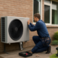 Installateur plaatst een lucht-water warmtepomp aan de buitenmuur van een woning