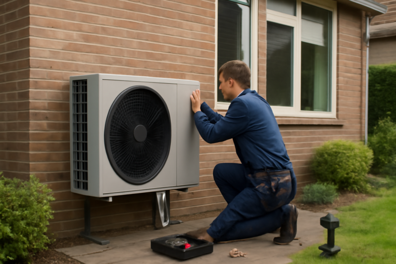 Installateur plaatst een lucht-water warmtepomp aan de buitenmuur van een woning