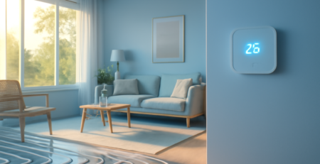 Warmtepomp thermostaat ingesteld op koelmodus tijdens hittegolf in modern interieur