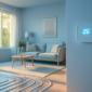Warmtepomp thermostaat ingesteld op koelmodus tijdens hittegolf in modern interieur