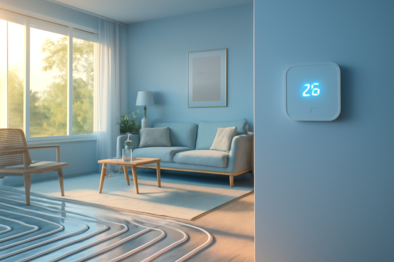 Warmtepomp thermostaat ingesteld op koelmodus tijdens hittegolf in modern interieur