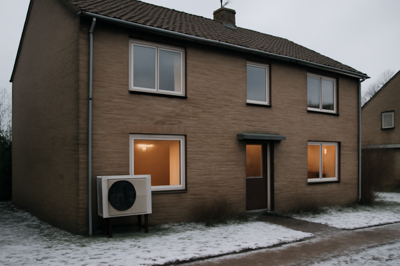 Hybride warmtepomp buiten aan een slecht geïsoleerde jaren 70 woning in Nederland