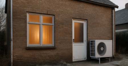 Lucht-waterwarmtepomp aan de buitenmuur van een slecht geïsoleerde Nederlandse woning