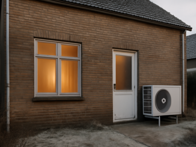 Lucht-waterwarmtepomp aan de buitenmuur van een slecht geïsoleerde Nederlandse woning