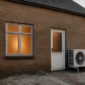 Lucht-waterwarmtepomp aan de buitenmuur van een slecht geïsoleerde Nederlandse woning