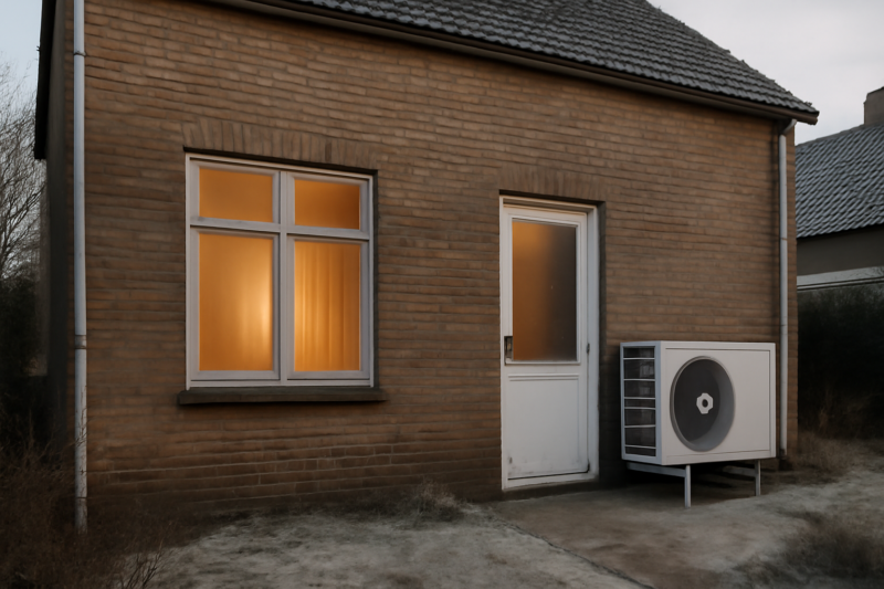 Lucht-waterwarmtepomp aan de buitenmuur van een slecht geïsoleerde Nederlandse woning
