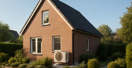 Buitenunit van een warmtepomp geïnstalleerd aan een moderne Nederlandse woning