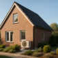 Buitenunit van een warmtepomp geïnstalleerd aan een moderne Nederlandse woning