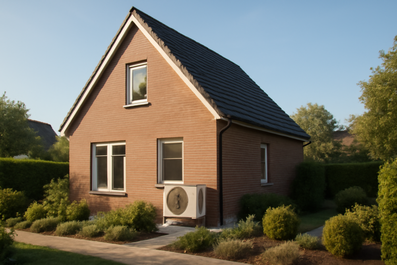Buitenunit van een warmtepomp geïnstalleerd aan een moderne Nederlandse woning
