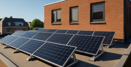 Zonnepanelen op een plat dak met schuine dragers onder blauwe lucht