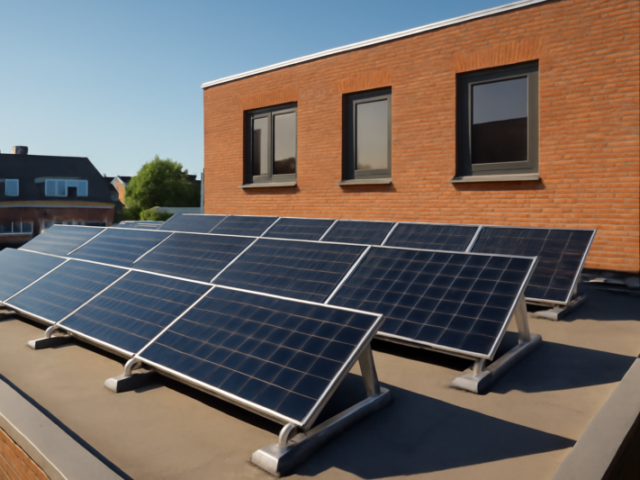 Zonnepanelen op een plat dak met schuine dragers onder blauwe lucht