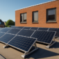 Zonnepanelen op een plat dak met schuine dragers onder blauwe lucht