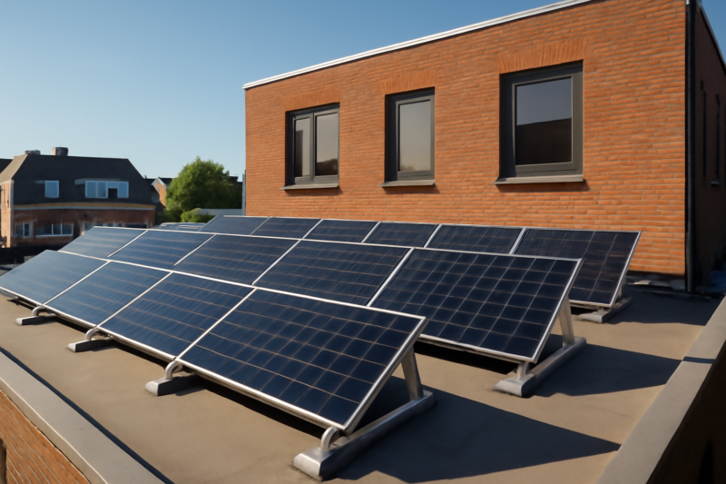 Zonnepanelen op een plat dak met schuine dragers onder blauwe lucht