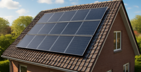 Zonnepanelen op het dak van een Nederlandse woning op een zonnige dag