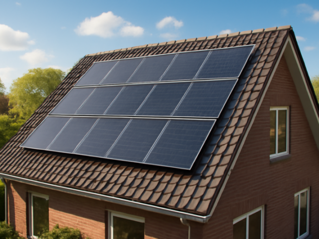 Zonnepanelen op het dak van een Nederlandse woning op een zonnige dag