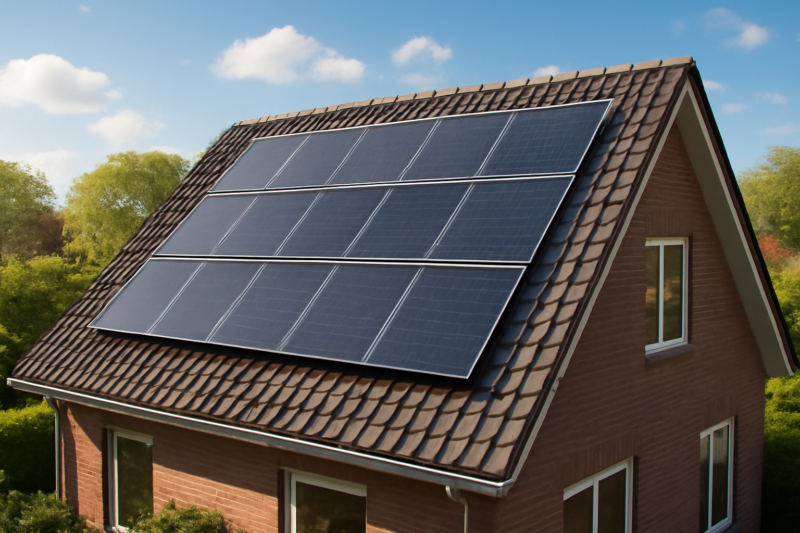 Zonnepanelen op het dak van een Nederlandse woning op een zonnige dag