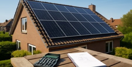 Zonnepanelen op een woonhuis dak met rekenmachine op een tuintafel op zonnige dag