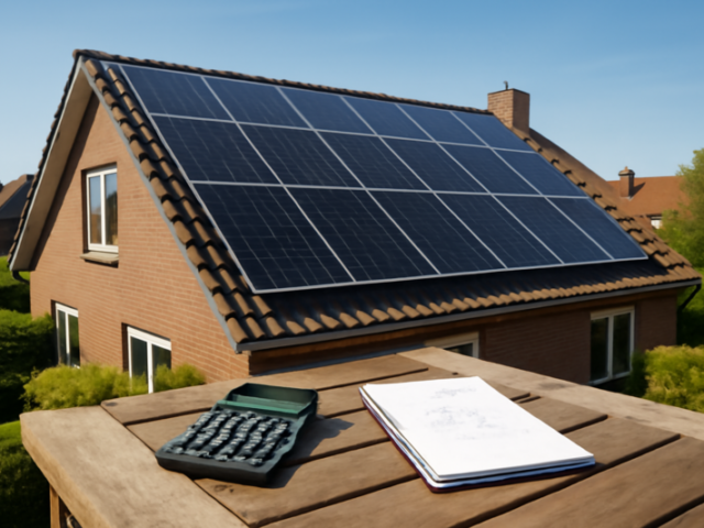 Zonnepanelen op een woonhuis dak met rekenmachine op een tuintafel op zonnige dag