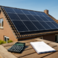 Zonnepanelen op een woonhuis dak met rekenmachine op een tuintafel op zonnige dag