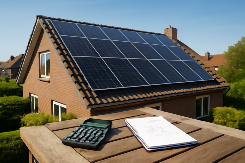 Zonnepanelen op een woonhuis dak met rekenmachine op een tuintafel op zonnige dag